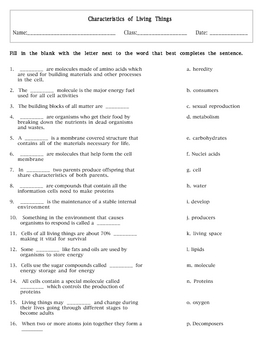 Characteristics Of Living Things Worksheet Answers Characteristics Of Living Things Worksheet Answers
