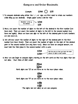 Comparing and Ordering Decimals-Student Note Page (FREEBIE)