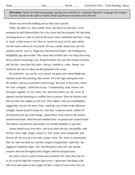 Poster of Lord Flies Symbolism Worksheet